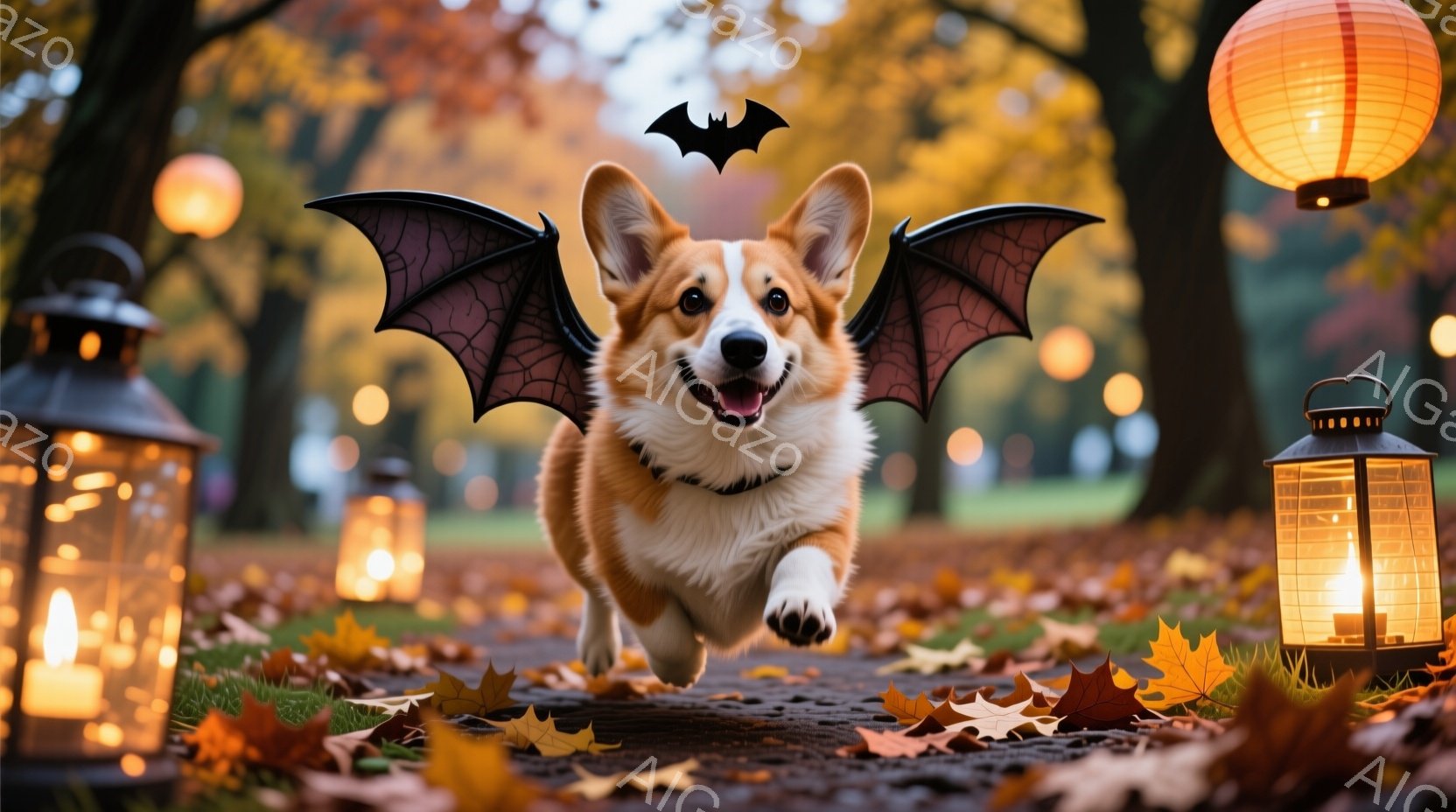 コルギ犬が、まるで飛んでいるかのように前足で地面を蹴りながら駆けてくる様子が捉えられています。背中には黒いコウモリの羽が取り付けられており、ハロウィンの衣装を身に着けていることがわかります。背景には、落葉で覆われた遊歩道と、暖かい光を放つランタンが並び、秋のハロウィンらしい雰囲気を醸し出しています。