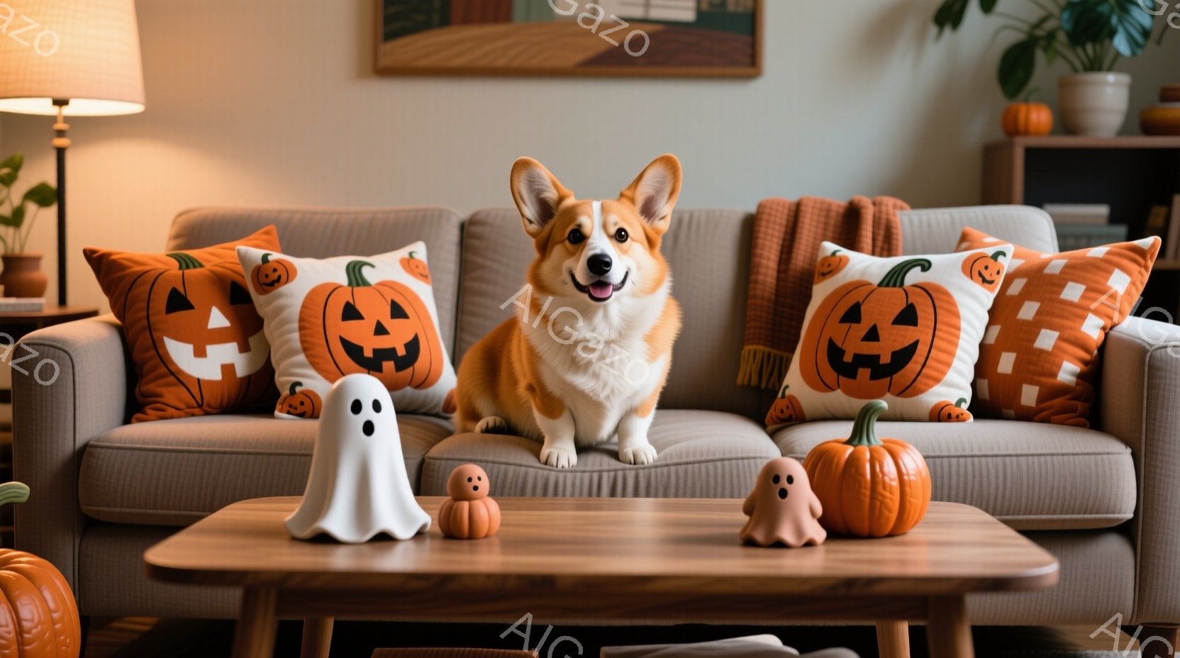 ソファに座っているコーギー犬が写っています。背景にはハロウィーンを意識したオレンジと白のパンプキン柄クッションや、小さな幽霊とカボチャの置物が置かれた木製のコーヒーテーブルが見えます。全体的に暖色系の色使いで、秋らしい、穏やかで可愛らしい雰囲気です。