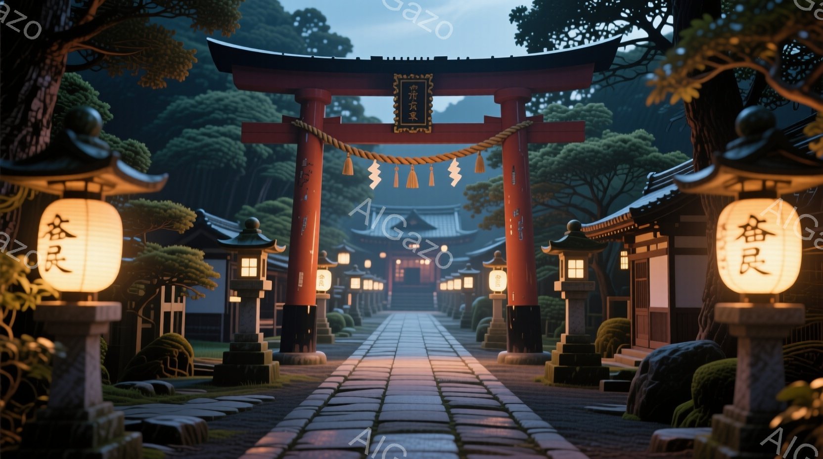 赤い鳥居が立ち並び、石畳の道が奥へと続いています。両脇には提灯が灯り、緑豊かな木々が生い茂る中、伝統的な建物が見えます。全体的に静かで神秘的な雰囲気が漂い、どこか懐かしい気持ちにさせます。 - AI生成フリー素材
