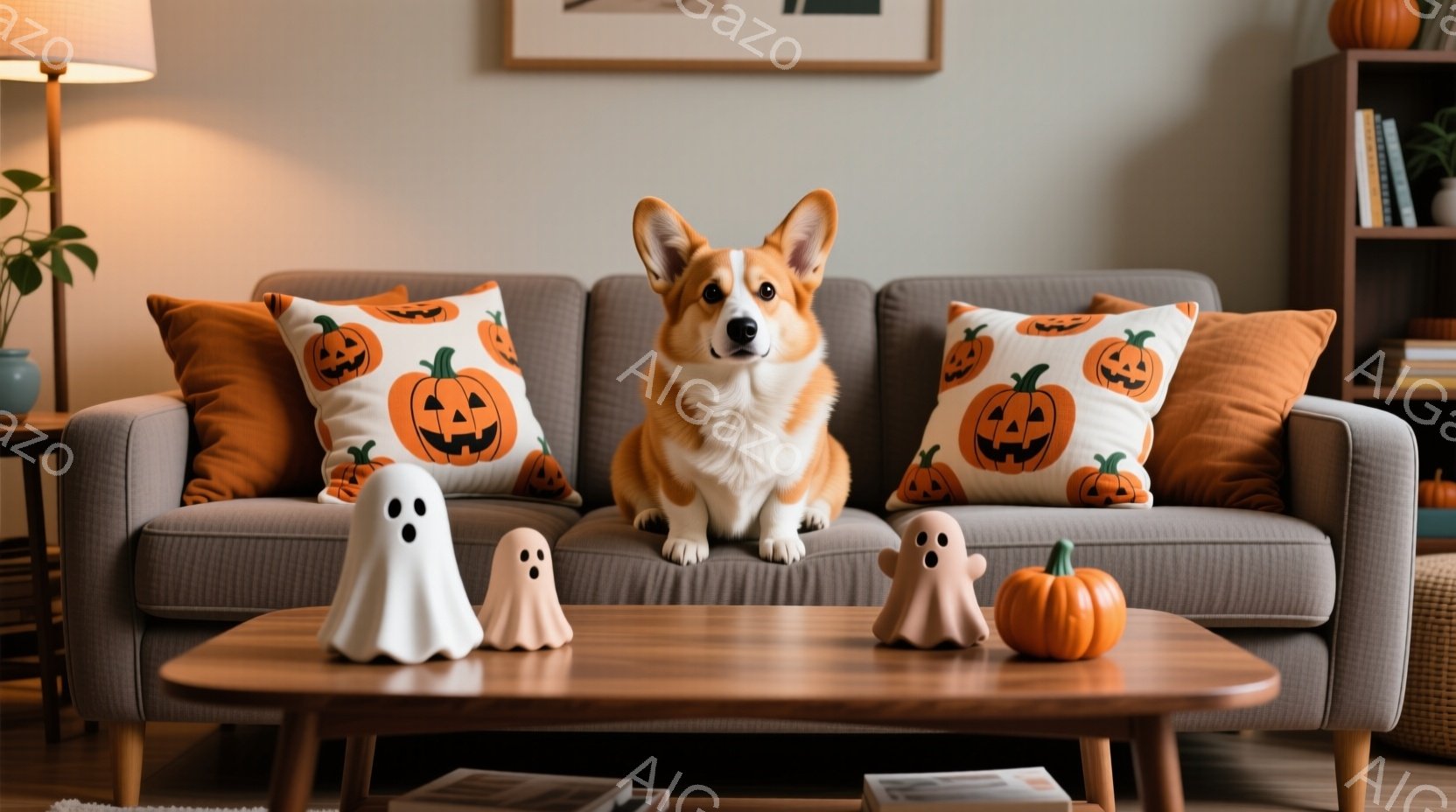 ソファに座っているコーギー犬が写っています。ハロウィーンをテーマにしたオレンジ色のカボチャ柄のクッションが背後に並べられています。ローテーブルの上には、白いお化けの置物と小さなカボチャが飾られており、暖かく秋らしい雰囲気が漂っています。