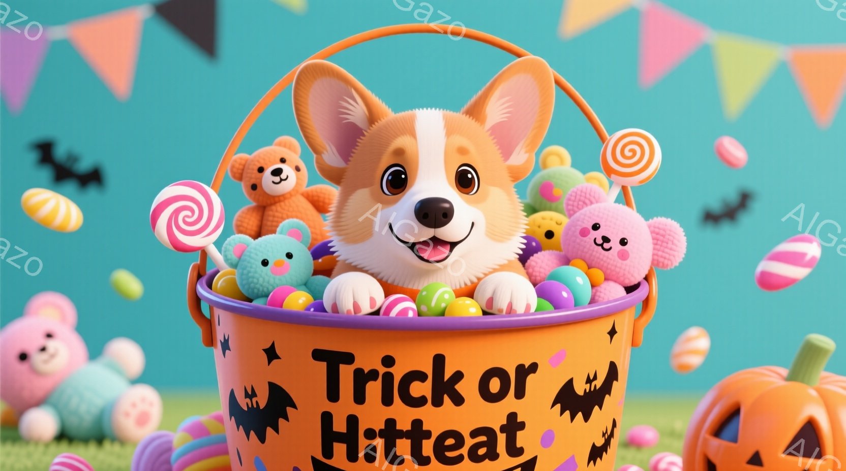 オレンジ色のハロウィーンのバケツの中に、可愛らしいコーギーが座っています。バケツにはキャンディーや小さなおもちゃがたっぷり詰まっており、背景にはカラフルな風船やハロウィーンの飾り、そして空飛ぶお化けや - AI生成フリー素材
