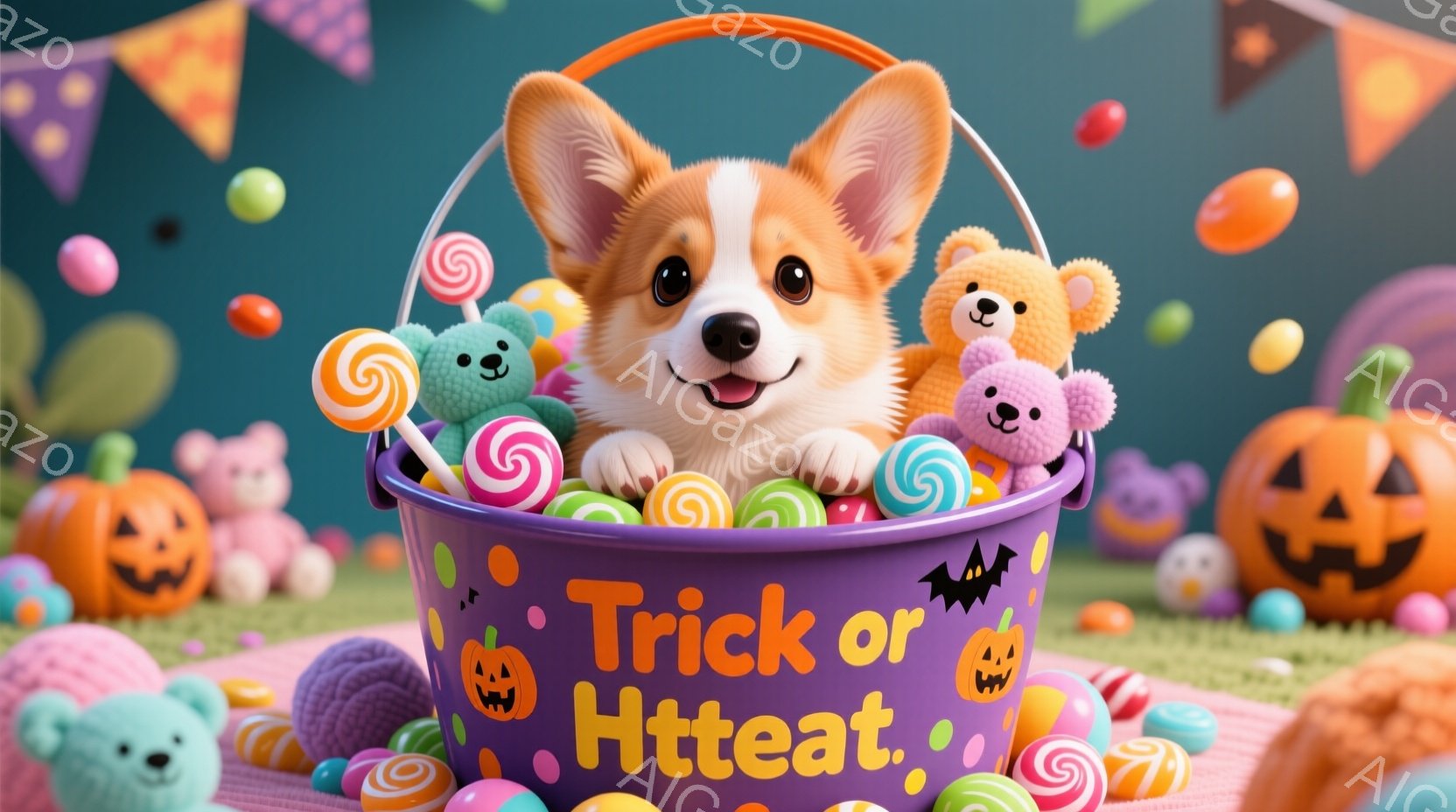 紫色のハロウィーンのバケツの中に、愛らしいコーギー犬が座っています。バケツはキャンディーや小さなぬいぐるみのテディベアでいっぱいになり、背景にはカラフルなハロウィーンの飾りやカボチャのランタンが並んでいます。全体的に、明るく陽気で、お祝いの雰囲気が漂っています。