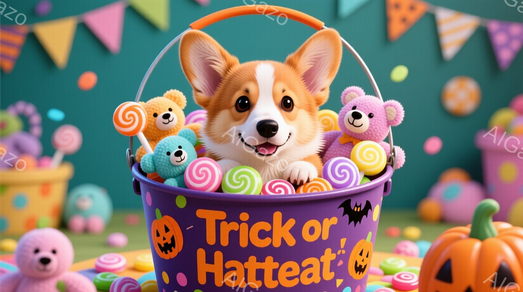 ハローウィーンをテーマにした画像で、紫色のカゴの中にコーギーが可愛らしく顔を覗かせています。カゴの中には、キャンディやテディベアが溢れ、背景には様々な色のカゴとハロウィーンの装飾が散りばめられています - AI生成フリー素材