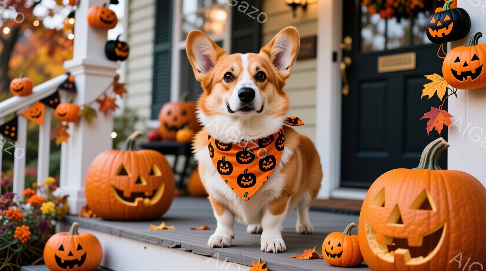 オレンジ色のコーギー犬が、ハロウィーンの飾り付けがされた玄関のステップに立っている。犬は、カボチャの模様が入ったオレンジ色のバンダナを首に巻いており、少し前を向いて穏やかな表情をしている。背景には、様々な大きさのカボチャのランタンや、秋らしい紅葉のガーランドが飾られ、暖かくお祭り気分を漂わせる。