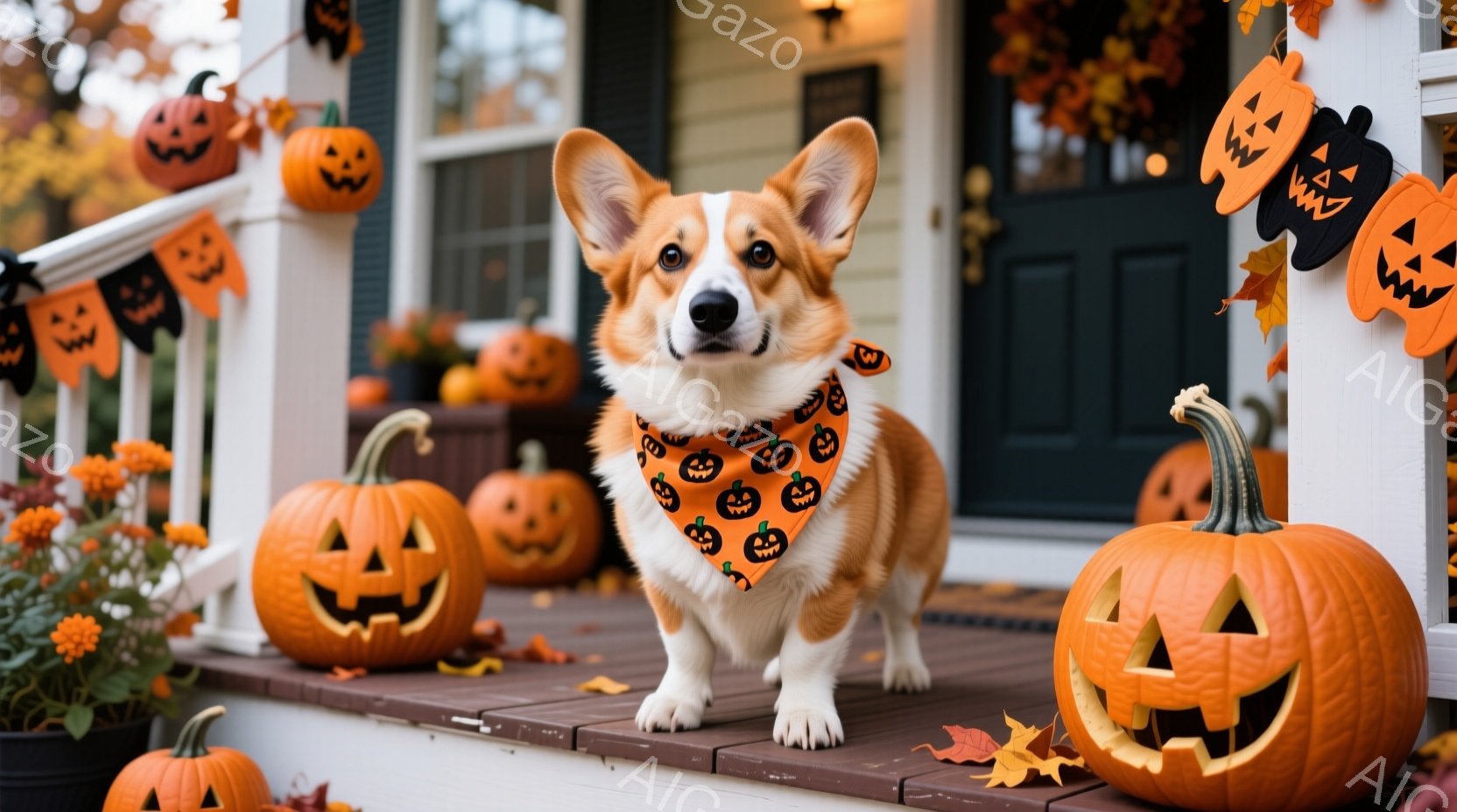 コルギ犬がハロウィーンの飾り付けられた玄関の階段に立っています。オレンジと黒のハロウィーン柄のスカーフを巻いており、正面を見つめ、穏やかな表情をしています。背景には、様々な大きさのジャック・オー・ランタンと、落ち葉が散らばる階段、そして可愛らしい白い柵と家が見え、秋らしい温かい雰囲気を醸し出しています。
