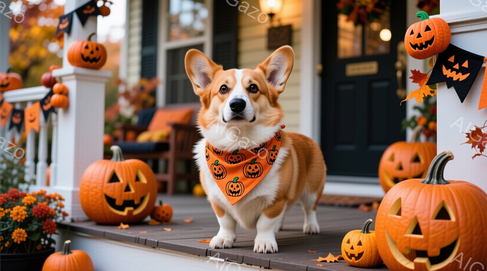 オレンジ色のハロウィン柄のスカーフを巻いたコーギー犬が、家の玄関ポーチで正面を向いて立っています。周りにはジャック・オー・ランタンや秋らしい飾り付けがされ、背景にはオレンジ色の花が咲き、暖かく楽しいハロウィーンの雰囲気が漂っています。犬は落ち着いており、カメラ目線で微笑んでいるように見えます。