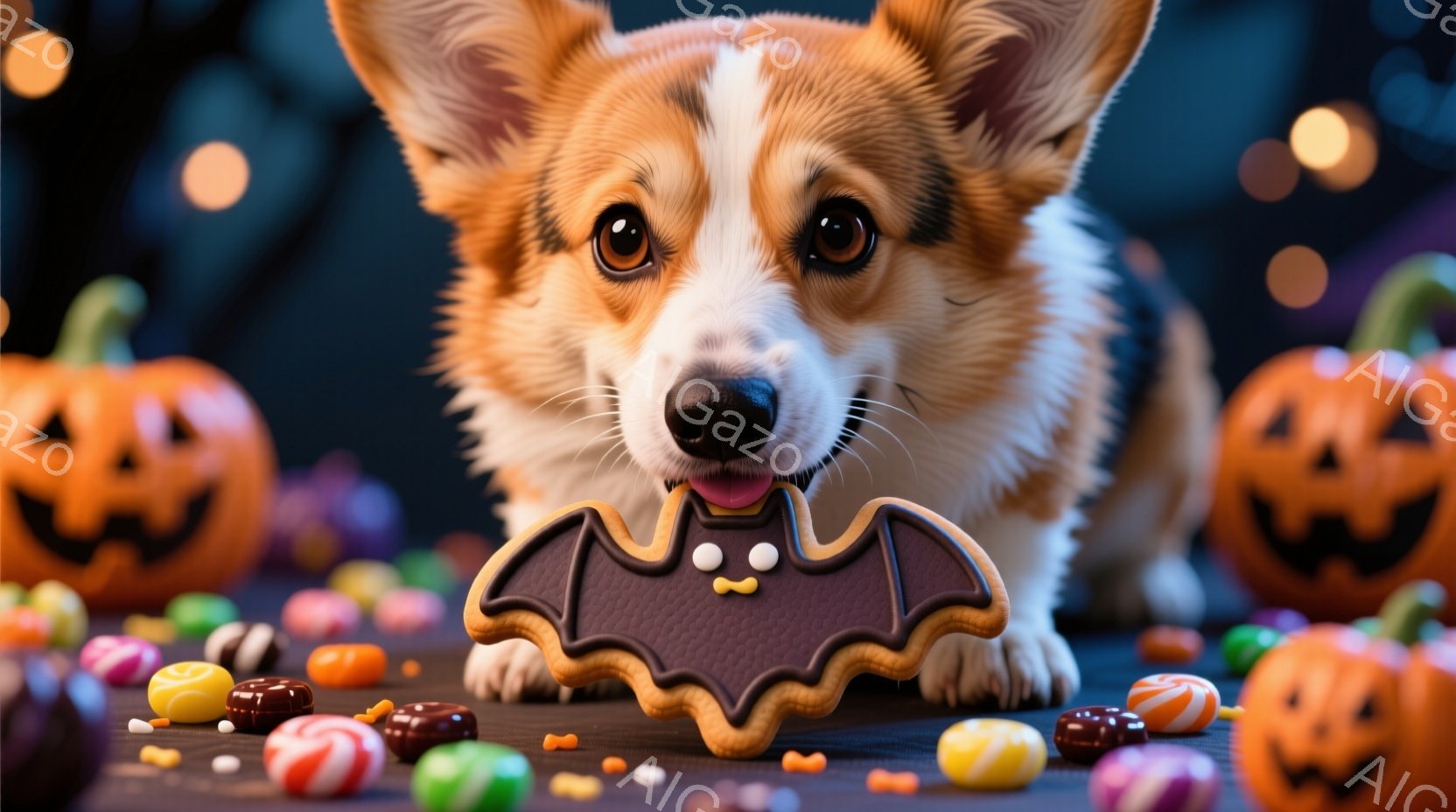 ハロウィーンをテーマにした写真で、コーギー犬がバット型のクッキーを口にくわえています。背景にはカラフルなキャンディーやジャック・オー・ランタンが散りばめられ、温かく楽しい雰囲気を醸し出しています。犬は前足を伸ばし、クッキーを大切そうに抱えており、その表情は喜びと満足に満ちています。