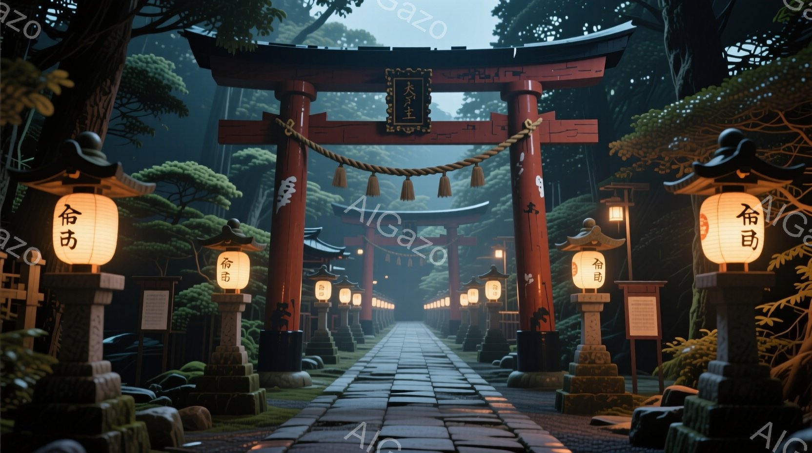苔むした石畳の道が、朱色の鳥居が連なる神社の境内へと続く風景です。両脇には石灯籠が立ち並び、柔らかな光を灯しています。背景には緑豊かな木々がそびえ立ち、静かで神秘的な雰囲気を醸し出しています。 - AI生成フリー素材