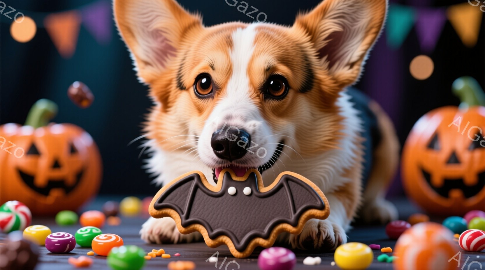 オレンジ色のコーギー犬が、チョコレート色のコウモリ型のクッキーを前足で抱えています。背景にはハロウィーンのオレンジ色のジャック・オ・ランタンや、色とりどりのキャンディが散りばめられ、お祝いの雰囲気です - AI生成フリー素材