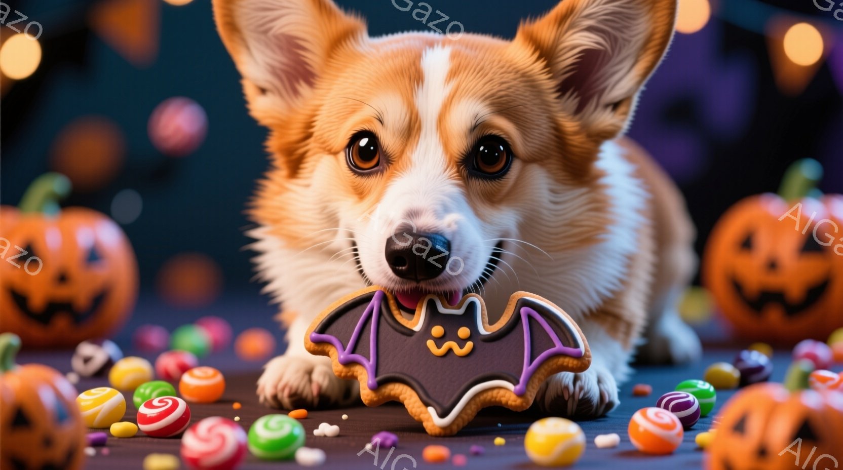 鮮やかな背景に、コーギー犬がハロウィーンのクッキーを抱えています。クッキーはコウモリの形をしており、犬は少し口を開けて楽しそうにクッキーを見つめています。背景にはカラフルなキャンディや、ジャック・オー - AI生成フリー素材