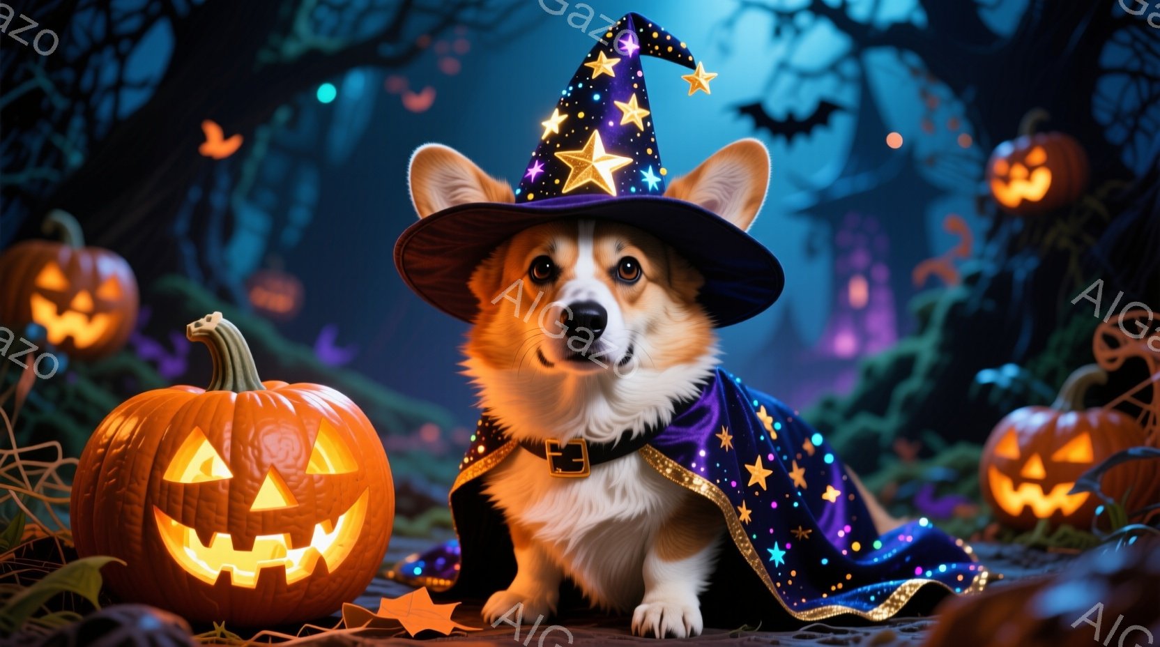 コルギ犬が魔女の帽子と星が散りばめられたマントを身につけ、正面を見つめて座っています。背景にはハロウィーンの装飾であるジャック・オー・ランタンが複数あり、薄暗い森の中に配置されています。全体的に、ハロウィーンの楽しい雰囲気で、愛らしい犬が中心となっています。