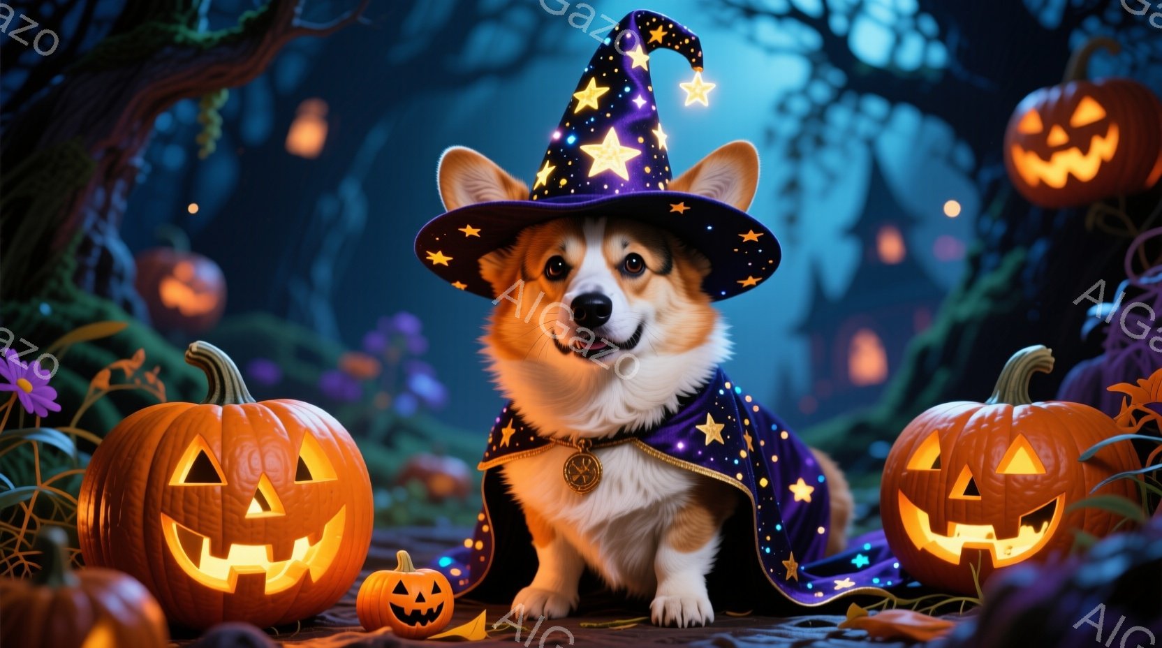 コルギ犬がハロウィーンの魔女の衣装を着て座っています。紫色のマントと星が散りばめられた帽子を身につけ、嬉しそうな表情をしています。背景には、さまざまな大きさのジャック・オー・ランタンが配置され、暗い森の中にいるような、幻想的で楽しい雰囲気が漂っています。