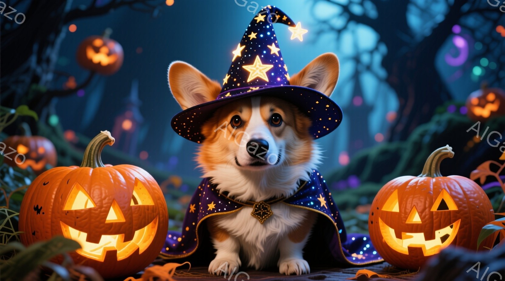 コルギ犬が、星が散りばめられた青い魔法使いの帽子とマントを身に着けて座っています。明るく照らされたジャック・オー・ランタンが左右に配置され、背景には暗い森と、ぼんやりと光る空が広がっています。全体的にハロウィーンの夜の幻想的で遊び心のある雰囲気が漂っています。