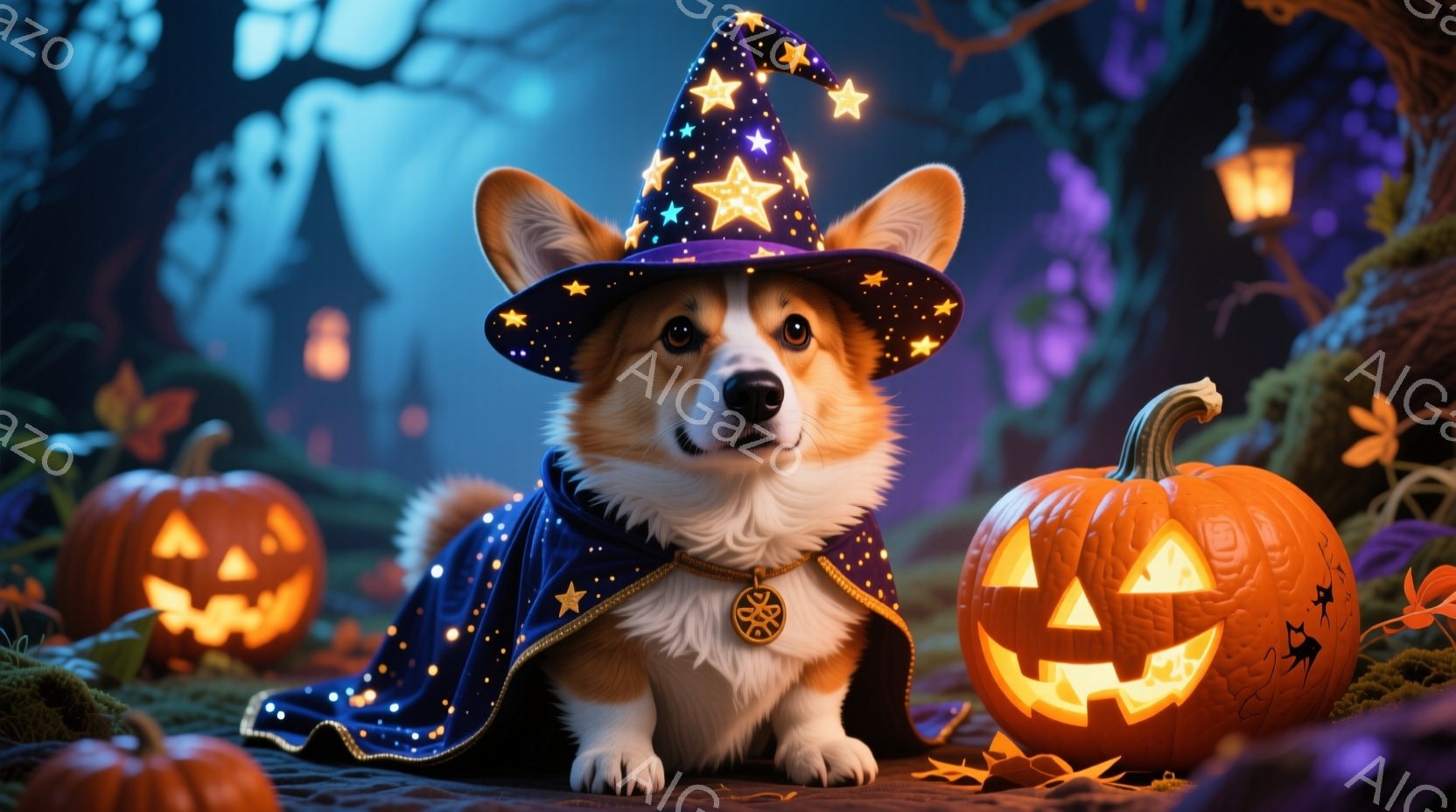 コーギーが魔法使いの衣装を着て、カボチャのランタンに囲まれて座っています。深い青色のローブと星模様の帽子を身に着け、真剣で少しいたずらっぽい表情をしています。背景は暗い森で、ぼんやりと光る建物とカボチ - AI生成フリー素材