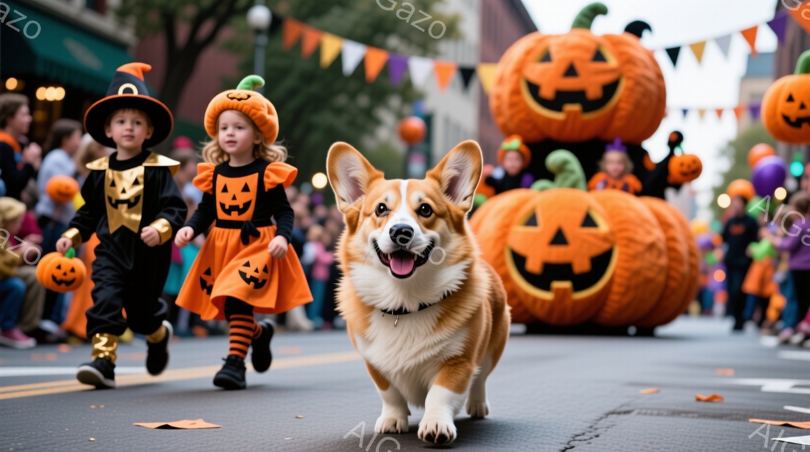 ハロウィーンのパレードの様子で、オレンジ色のカボチャの衣装を着た小さな子供たちが走り、その手前には笑顔のコーギー犬がこちらに向かって走ってきている。背景には大きなカボチャのフロートやカラフルな風船が並 - AI生成フリー素材