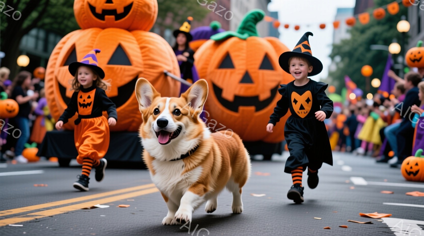 ハロウィーンのパレードと思われる道路を、オレンジ色の衣装を着た小さな女の子と、黒い魔女の衣装を着た別の女の子が走っています。その間を、楽しそうに走るコーギー犬が通り抜けており、背景には巨大なカボチャの - AI生成フリー素材