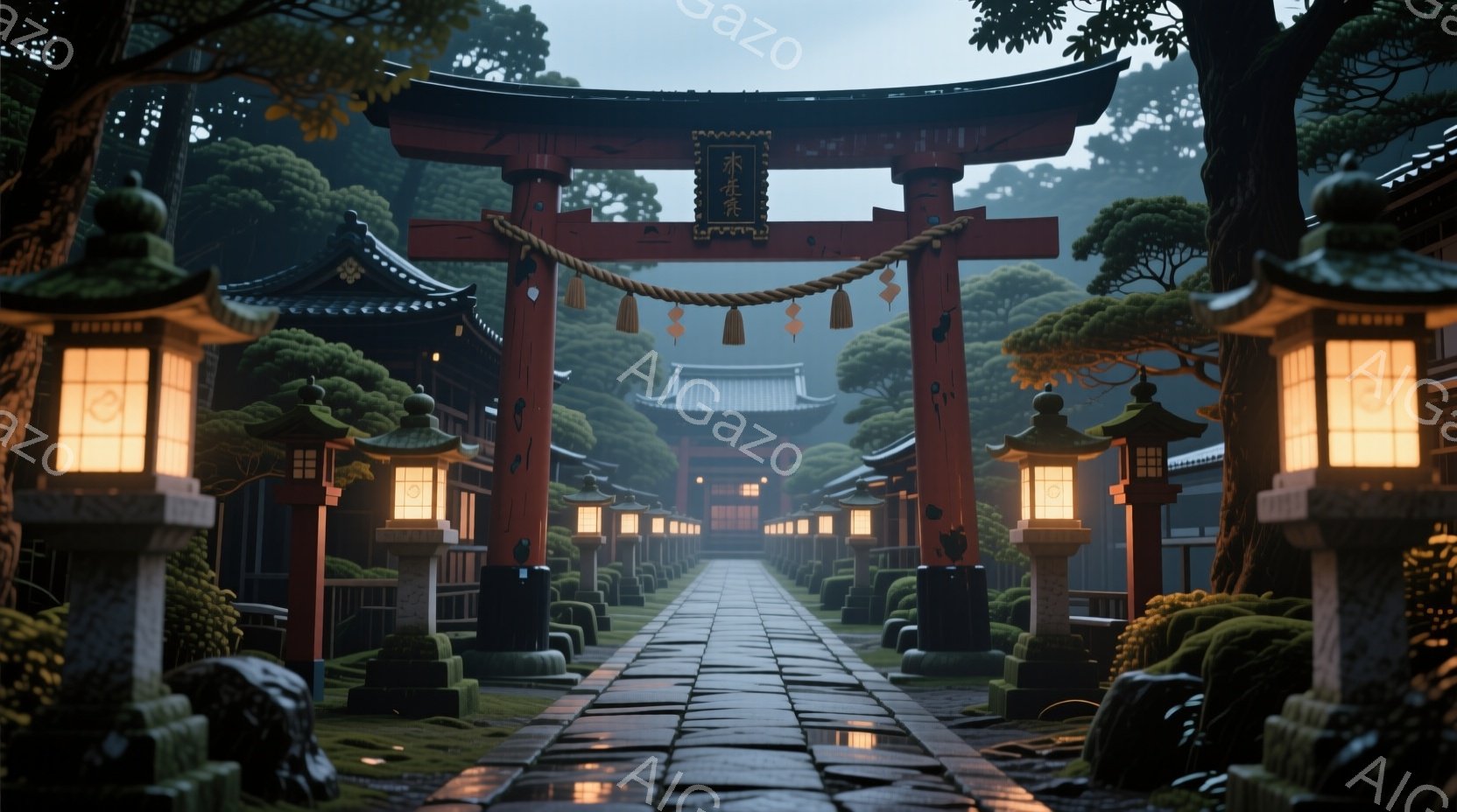 石畳の道が朱色の鳥居へと続く風景で、両脇には灯篭が並び、薄暗い光を放っている。背景には緑豊かな木々が生い茂り、奥には伝統的な屋根を持つ建物が見え、霧が立ち込めて神秘的な雰囲気を醸し出している。雨上がり - AI生成フリー素材