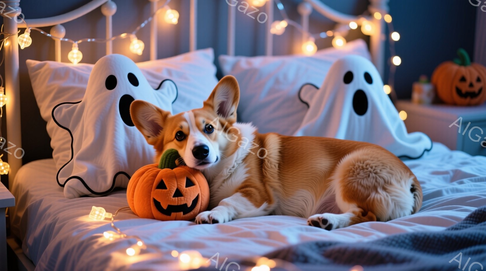 ベッドの上には、オレンジ色のコーギー犬が横たわっています。ハロウィーンの飾りとして、白い幽霊の枕と、ジャック・オ・ランタンのぬいぐるみ（緑色の茎付き）が置かれ、犬はリラックスした表情でそれらに囲まれて - AI生成フリー素材