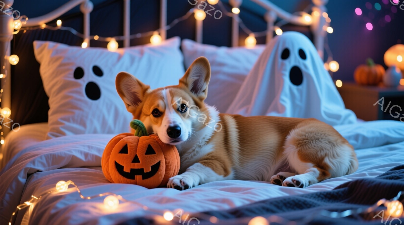 コルギ犬が白いベッドの上に横たわり、ハロウィーンの小さなカボチャのぬいぐるみを抱えています。ベッドには、お化けの模様が描かれた枕とオレンジ色の毛布が置かれ、背景にはハロウィーンの装飾が施された部屋がぼんやりと見えます。暖かく、お祝いの雰囲気が漂い、ハロウィーンの夜を象徴する心地よい光景です。