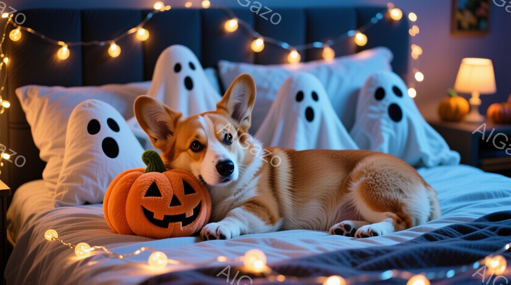 コルギ犬がハロウィンの装飾が施されたベッドの上で横たわっています。オレンジ色のカボチャの置物が犬の頭の横に置かれ、白い幽霊の形をした枕が背景に並んでいます。暖かい色の電球がベッドの周りを飾り、全体的にハロウィーンらしい、落ち着いた雰囲気を醸し出しています。