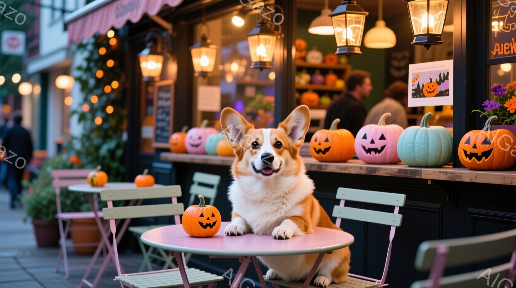 可愛らしいコーギー犬が、ハロウィーンの装飾がされたカフェの屋外席に座っています。ピンク色のテーブルには小さなカボチャのランタンが置かれ、犬は嬉しそうな表情で正面を見つめています。背景には、ハロウィーンの飾り付けがされたカフェの建物と、ぼやけた人物が見え、秋の暖かい雰囲気が漂っています。