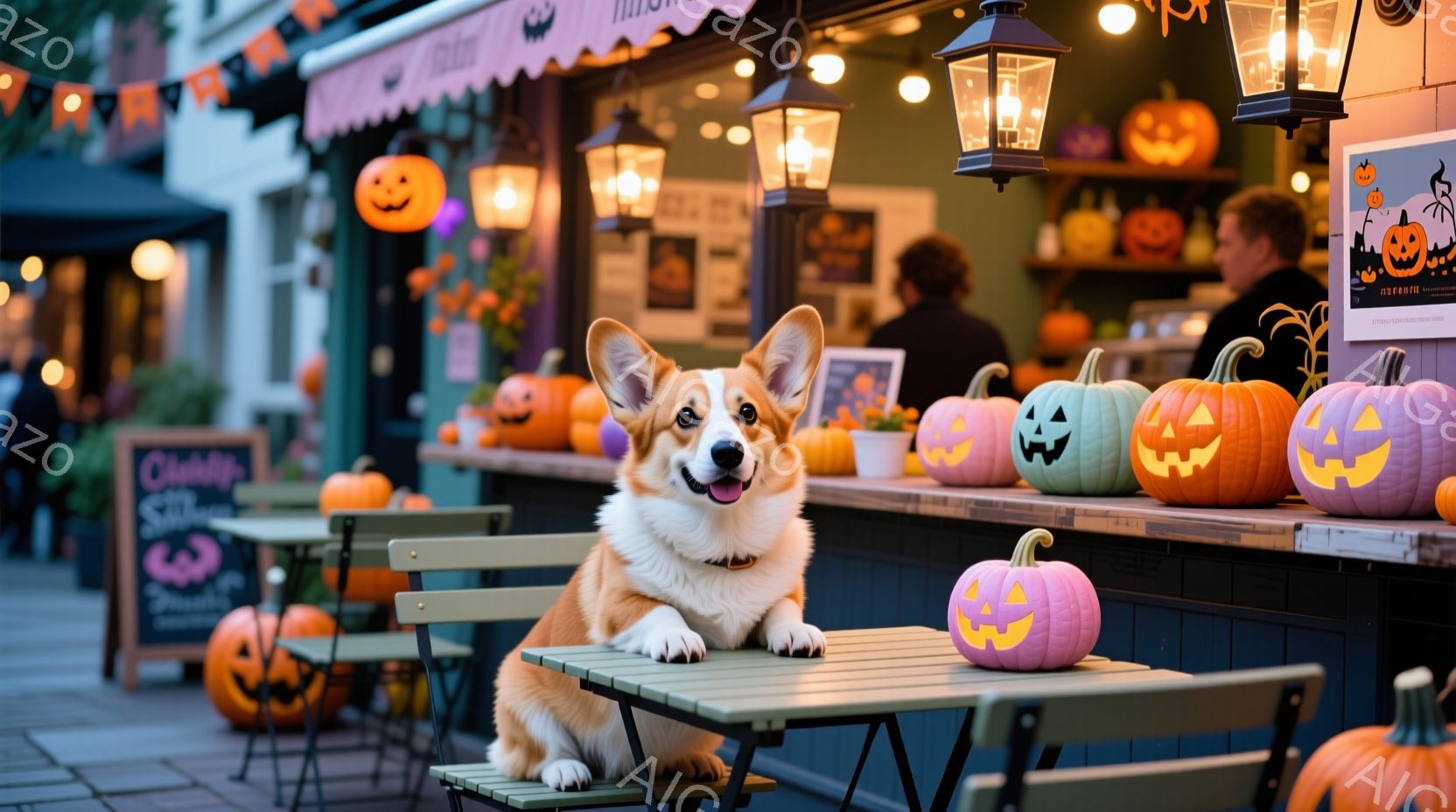 屋外のカフェのような場所で、可愛らしいコーギー犬がテーブルの上に座っています。背景にはハロウィーンの装飾が施されたカフェのカウンターや、色とりどりのハロウィーンのランタンやカボチャが並び、秋の夜の暖か - AI生成フリー素材