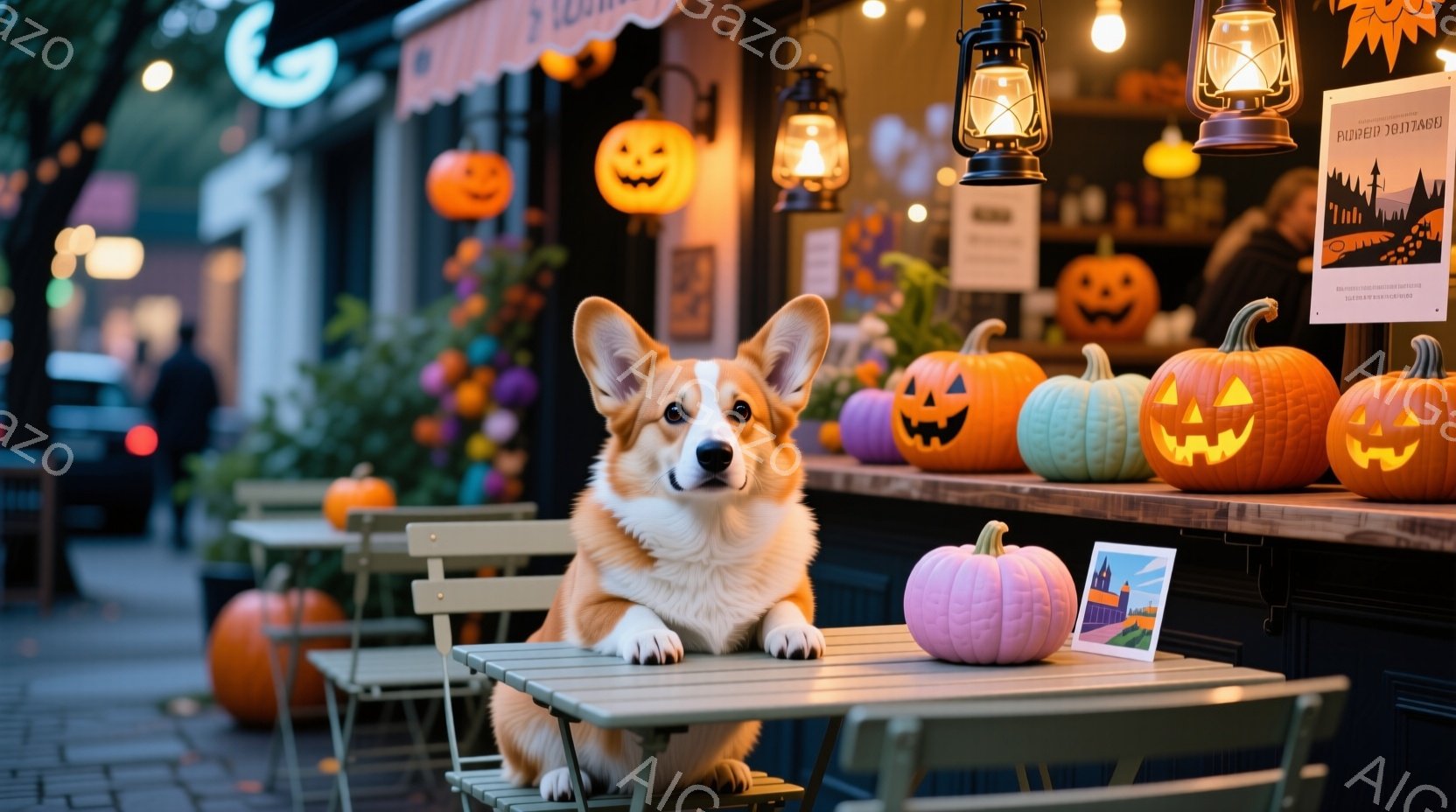 ペンギン犬が外で写真を撮られている場面を表しています。ペンギン犬は小さなテーブルに座っており、前足を交えた姿勢で前向きに見つめています。背景は歩行者の多い路地で、ハロウィン装飾が見られることが特徴的で - AI生成フリー素材