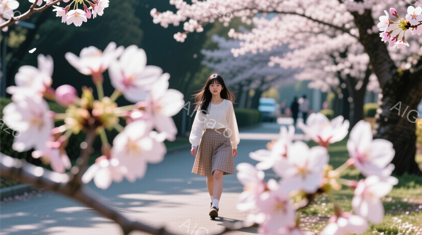若い女性が桜並木の道を歩いている。オフホワイトのブラウスと、明るい茶色のプリーツスカートを身に着け、黒いスニーカーを履いている。桜の花びらが舞い散る明るい日差しの中、彼女は前を見据え、穏やかな表情で歩 - AI生成フリー素材