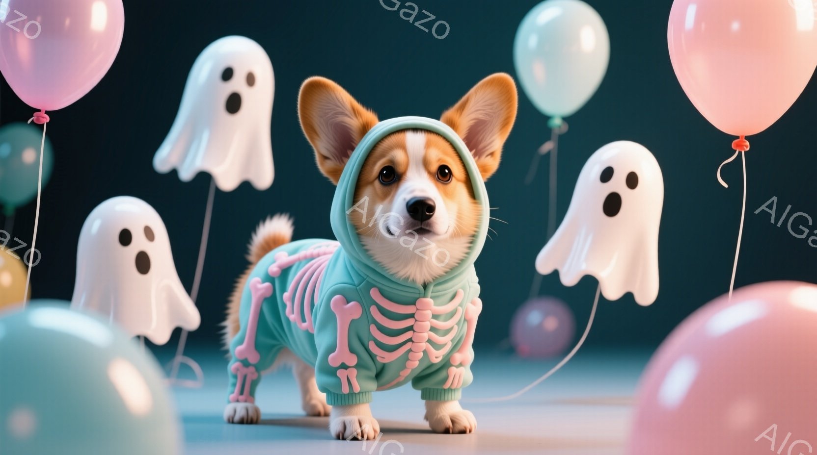 コーギー犬がハロウィーンをテーマにした水色のセーターを着ています。セーターには骨の模様が描かれており、可愛らしい印象を与えます。背景には、パステルカラーの風船と白い幽霊が浮かび、お祭り気分を盛り上げて - AI生成フリー素材