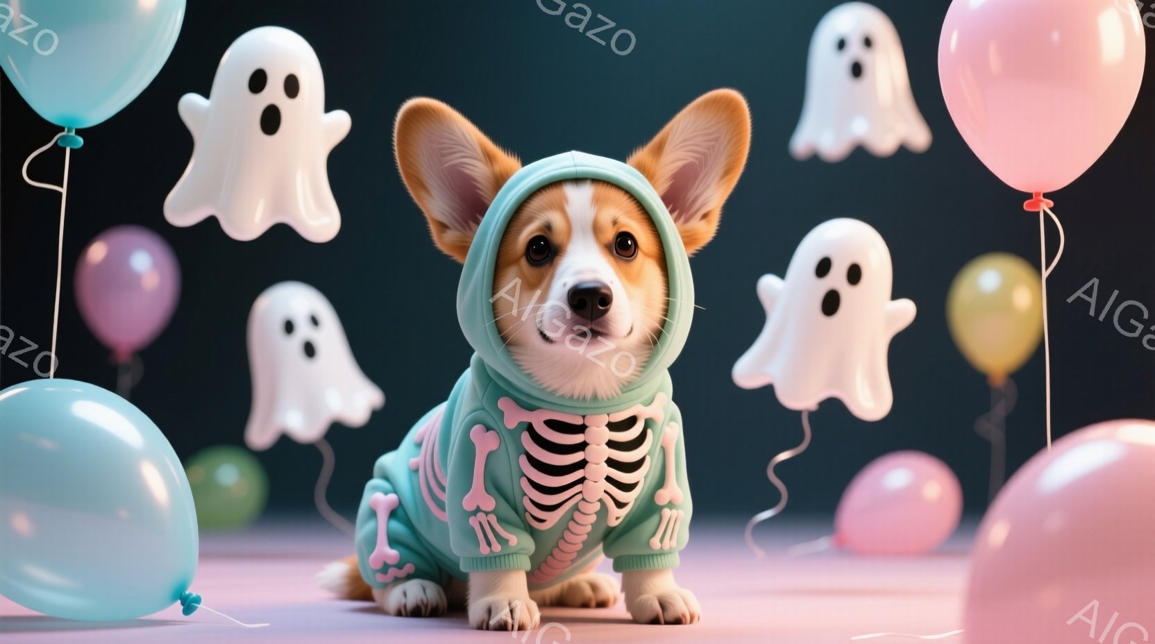 可愛らしいコーギー犬が、ハロウィンらしい骨格柄のセーターを着て座っています。背景には、様々な色の風船と、白いお化けの形をした装飾が浮かんでおり、お祝いムードを演出しています。犬は前足を揃えて座り、穏や - AI生成フリー素材