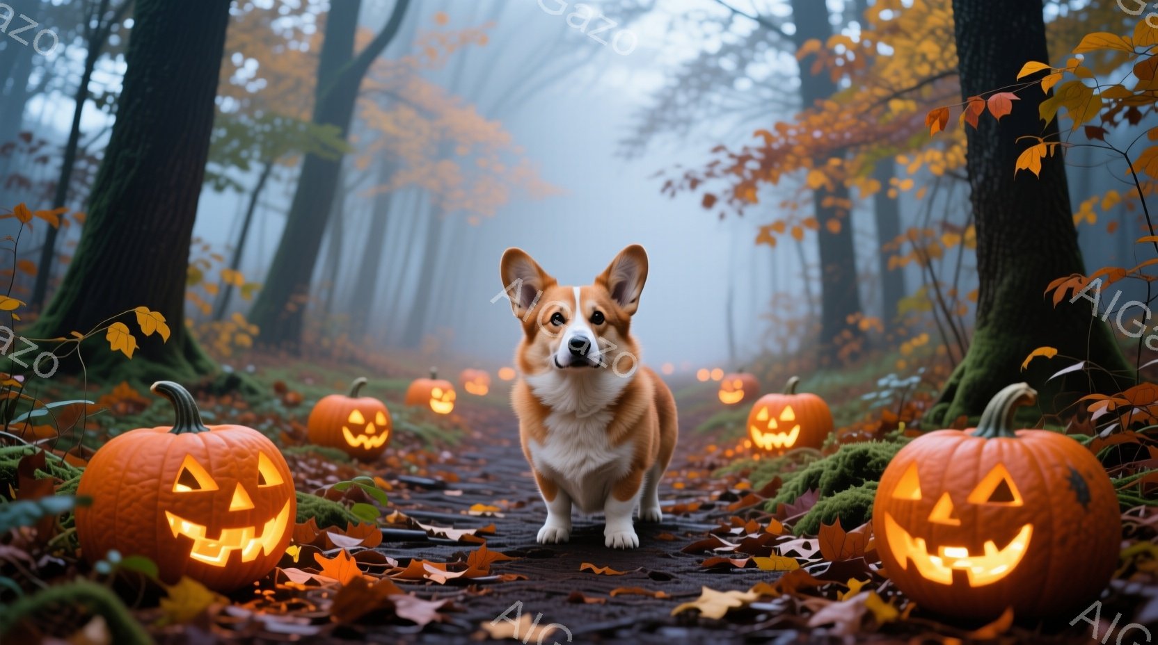 湿った森の小道に、ジャック・オー・ランタンが並び、その先にコーギー犬が立っている。犬はまっすぐ前を見つめ、落ち着いた表情で、周囲のハロウィーンの雰囲気に溶け込んでいる。背景は霧に包まれた森林で、落ち葉 - AI生成フリー素材