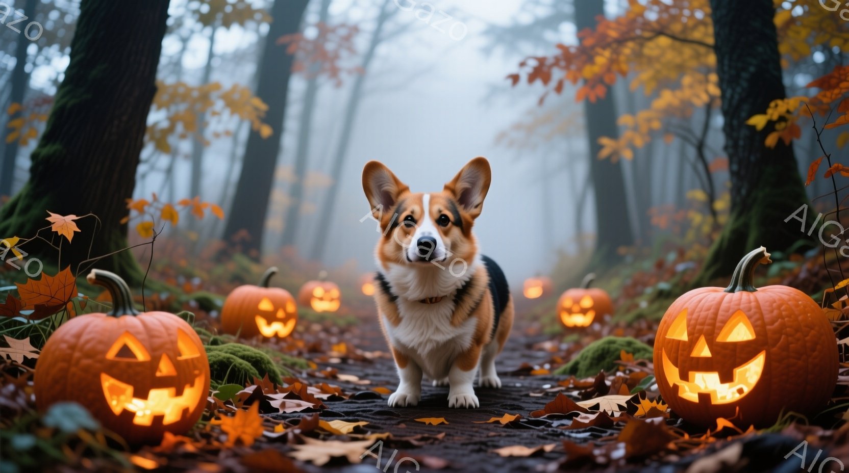 コルギ犬が落ち葉が積もった森の道に立っている。周囲にはハロウィン用のジャック・オ・ランタンが配置され、薄暗い森と暖かな光がコントラストをなしている。全体的に秋のハロウィンの雰囲気を醸し出す、幻想的で温かい光景である。