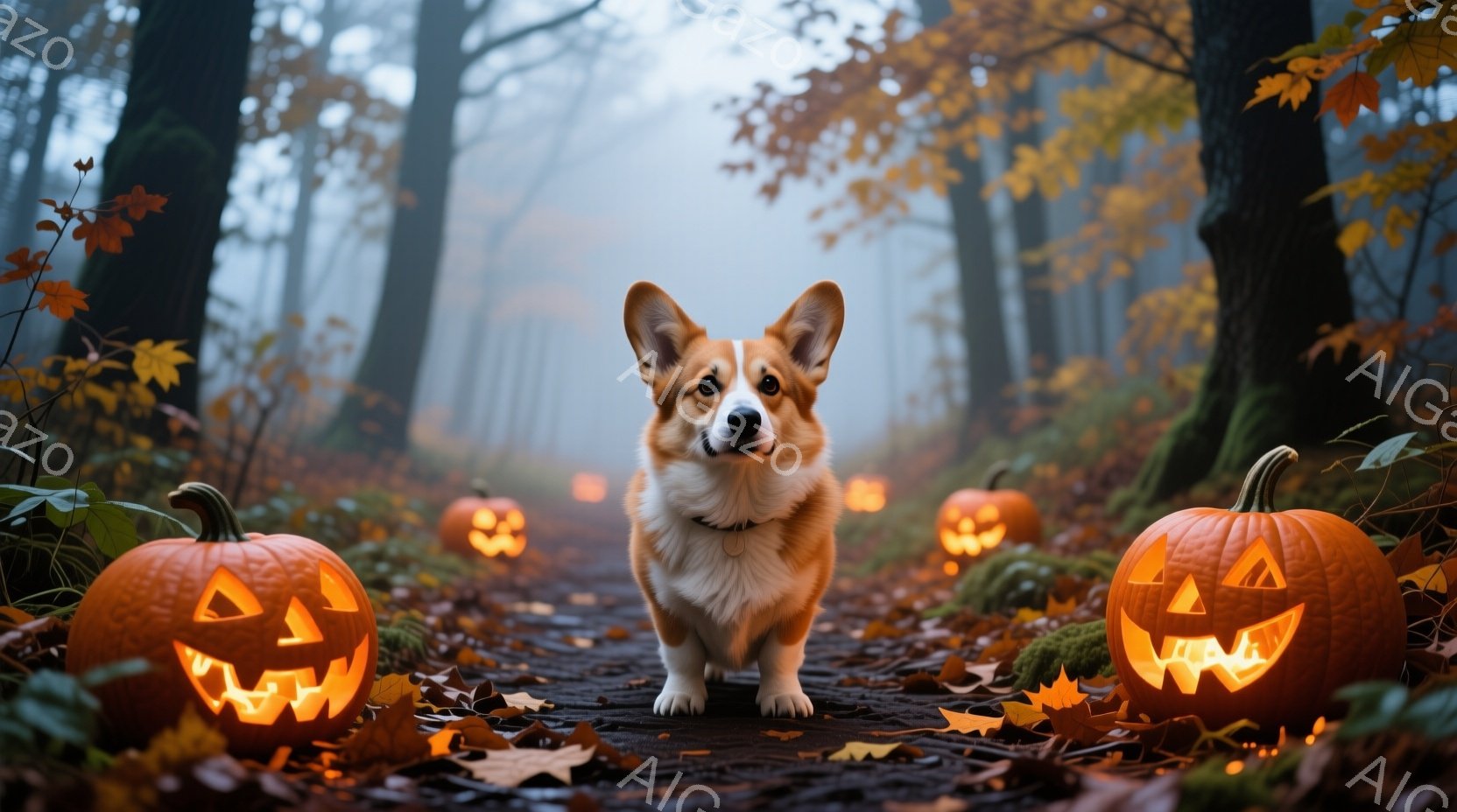 コルギ犬が、ハロウィーンの飾り付けされたカボチャに囲まれた森の小道の中央に立っている。犬はまっすぐ前を見据え、少し警戒した表情をしている。背景は秋らしい木々と落ち葉で覆われ、ぼんやりとした霧がかかって - AI生成フリー素材