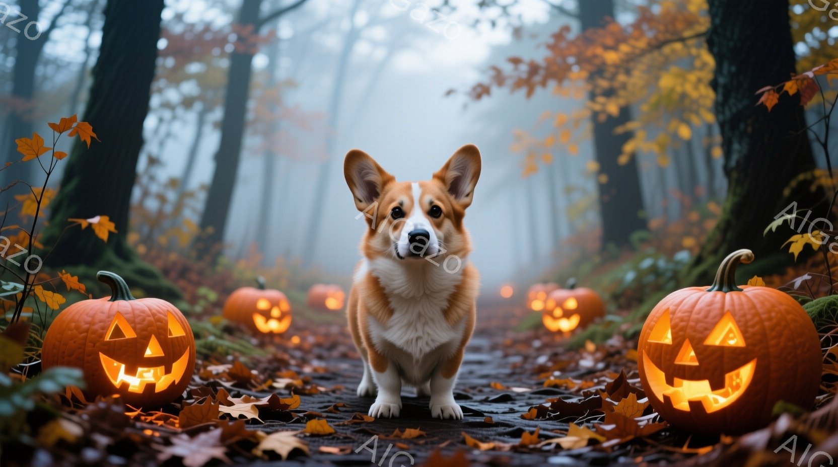 落ち葉が敷き詰められた森の道に立つコーギー犬が写っています。道の両脇には、ジャック・オー・ランタンが並び、ぼんやりとした霧が立ち込め、ハロウィーンの神秘的な雰囲気を醸し出しています。犬は正面をまっすぐ - AI生成フリー素材