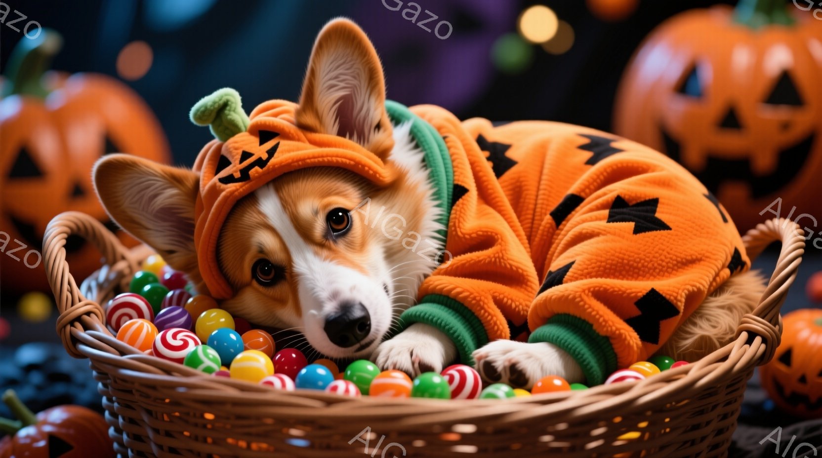 コルギ犬がハロウィーンの衣装を着て、お菓子でいっぱいのバスケットの中に横たわっています。オレンジ色のフリース素材の衣装は、かぼちゃの帽子と黒い模様が特徴的で、犬はリラックスした表情でカメラを見ています。背景には、ハロウィーンのかぼちゃがぼんやりと見え、全体的に温かく、お祝いムードに満ちた雰囲気です。