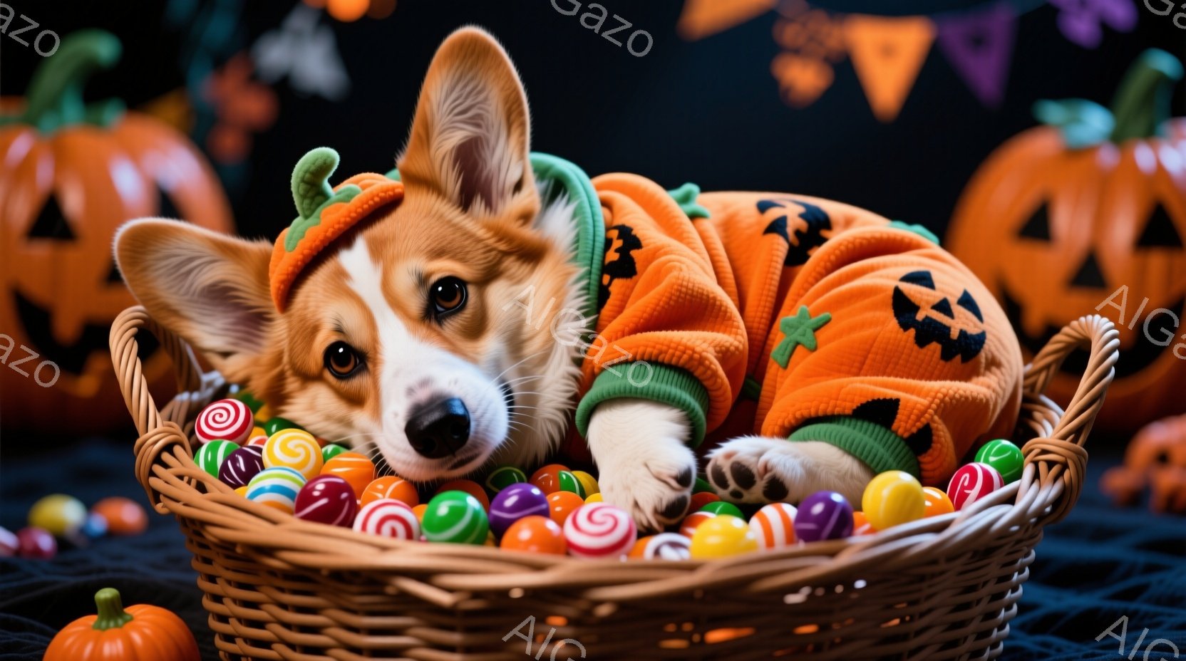 コルギ犬がオレンジ色のハロウィン風の衣装を着て、バスケットの中に丸まって眠っています。バスケットの中にはカラフルなキャンディーが敷き詰められており、背景にはハロウィンのカボチャの飾りとクモの巣が描かれています。全体的に、可愛らしく、楽しいハロウィンの雰囲気が漂っています。