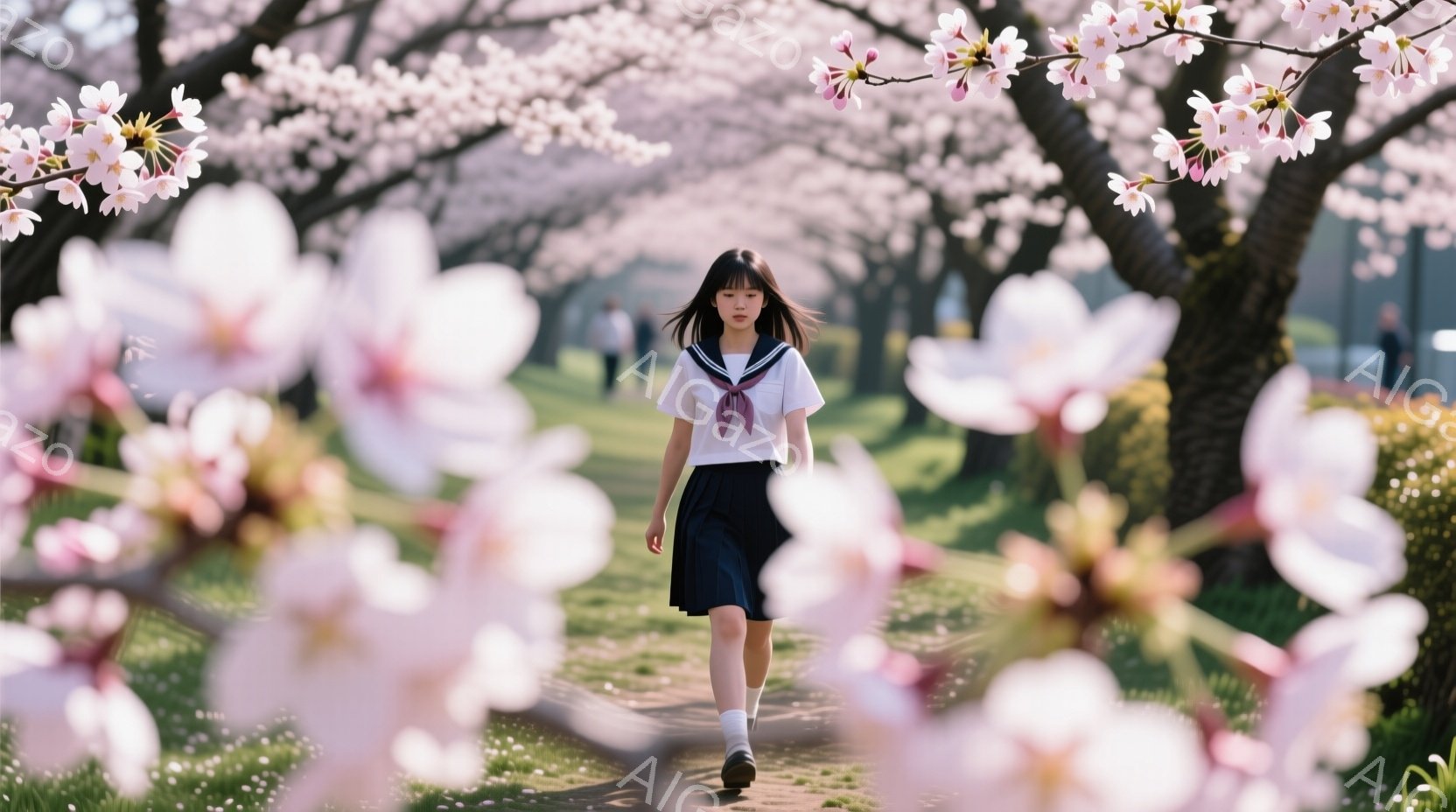 少女は紺色のスカートと白いブラウス、リボン付きのセーラー服を着て、桜並木の中を歩いている。彼女は黒髪で、少し微笑んでいるように見え、前を見据えてまっすぐ歩いている。背景には桜が咲き乱れ、春の暖かな日差 - AI生成フリー素材