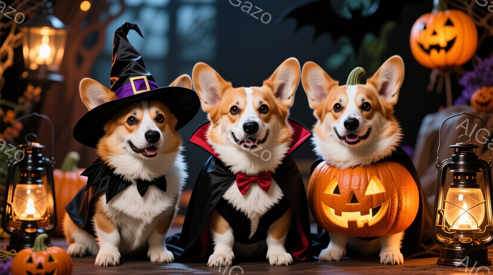 三匹のコーギー犬がハロウィーンの衣装を着て並んでいます。左の犬は魔女の帽子とリボン付きの襟巻をつけており、真ん中の犬はヴァンパイア風の黒いマントとリボンをつけ、一番右の犬はジャック・オー・ランタンの帽 - AI生成フリー素材