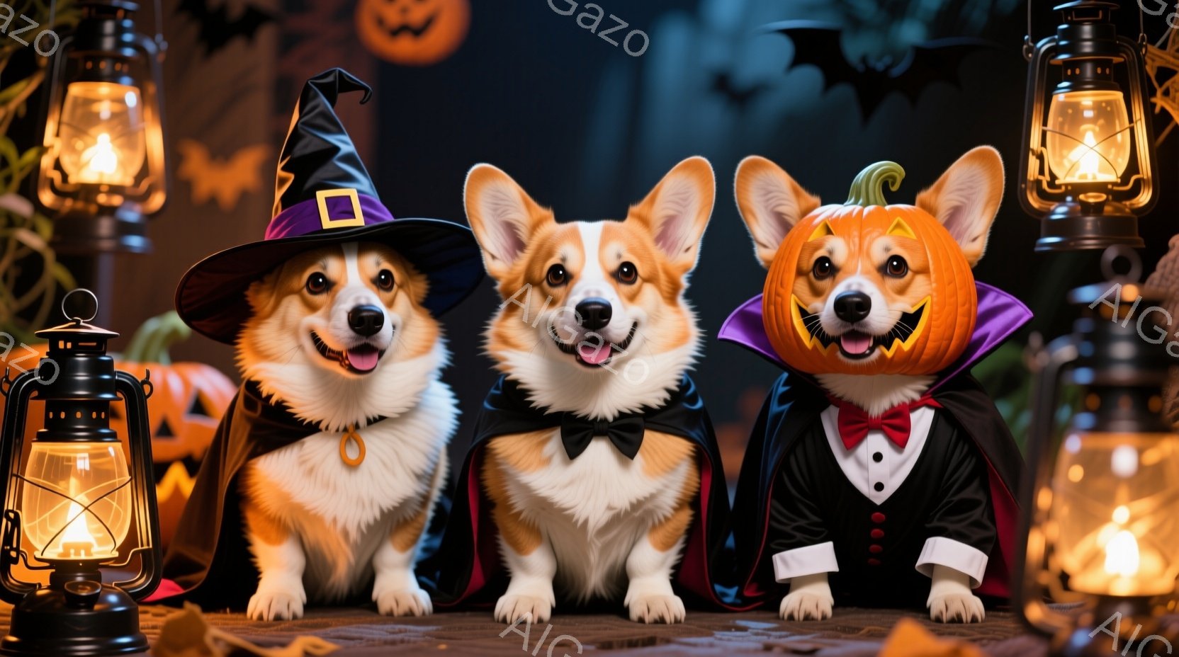 三匹のコーギー犬がハロウィーンの衣装を着て並んでいます。左の犬は魔女の帽子とマントを着ており、中央の犬は蝶ネクタイをつけています。一番右の犬はカボチャの衣装を着ており、全員が正面を向き、楽しそうな表情 - AI生成フリー素材