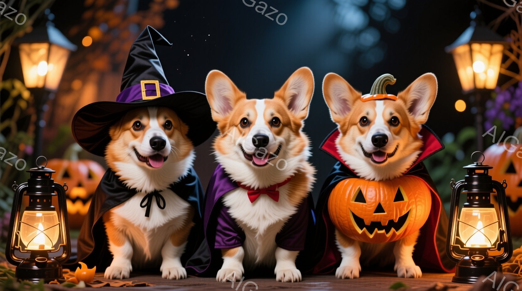 三匹のコーギー犬がハロウィーンの衣装を着て並んでいます。左の犬は魔女の帽子とマントを着用し、中央の犬は蝶ネクタイとマントを着用、右の犬は頭にカボチャを乗せ、赤いマントを着ています。背景には、カボチャの - AI生成フリー素材