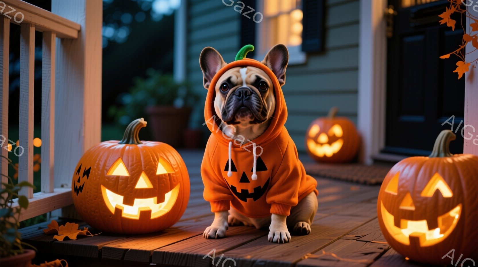 オレンジ色の背景に、ハロウィーンの飾り付けられたポーチに、フレンチブルドッグがカボチャのコスチュームを着て座っています。カボチャの衣装にはフードが付いており、犬は前足を伸ばしてまっすぐに座り、穏やかな表情をしています。ポーチの周りには、点灯した顔が彫られた複数のカボチャが置かれており、夜の落ち着いた雰囲気の中でハロウィーンの楽しい雰囲気を醸し出しています。