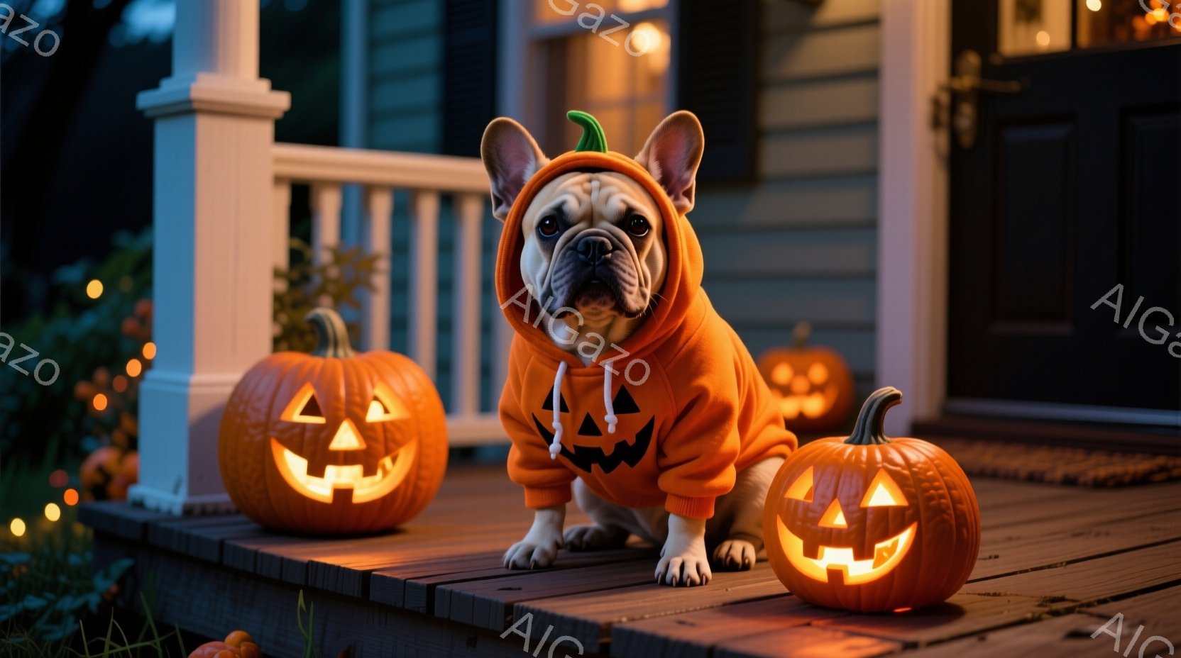 ブルドッグがハロウィーン用のカボチャの衣装を着て、ベランダの床に座っています。周りには光るジャック・オー・ランタンが３つ置かれ、背景には家とぼやけた植物が見えます。全体的に暖かく、お祝いの雰囲気で、夜のベランダはハロウィーンの準備が整っていることを示唆しています。