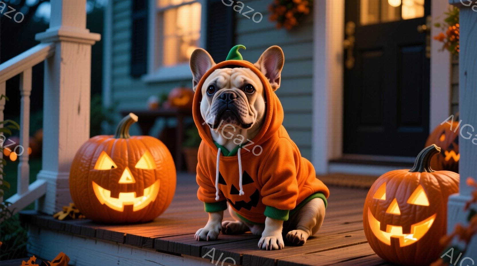 ハロウィーンの装飾が施された玄関のウッドデッキに、オレンジ色のカボチャの衣装を着たフレンチブルドッグが座っています。犬は正面を見ており、少しいたずらっぽい表情を浮かべています。背景には、点灯したジャック・オー・ランタンや、秋らしい装飾が施された玄関があり、全体的に温かく、お祝いムードに包まれています。