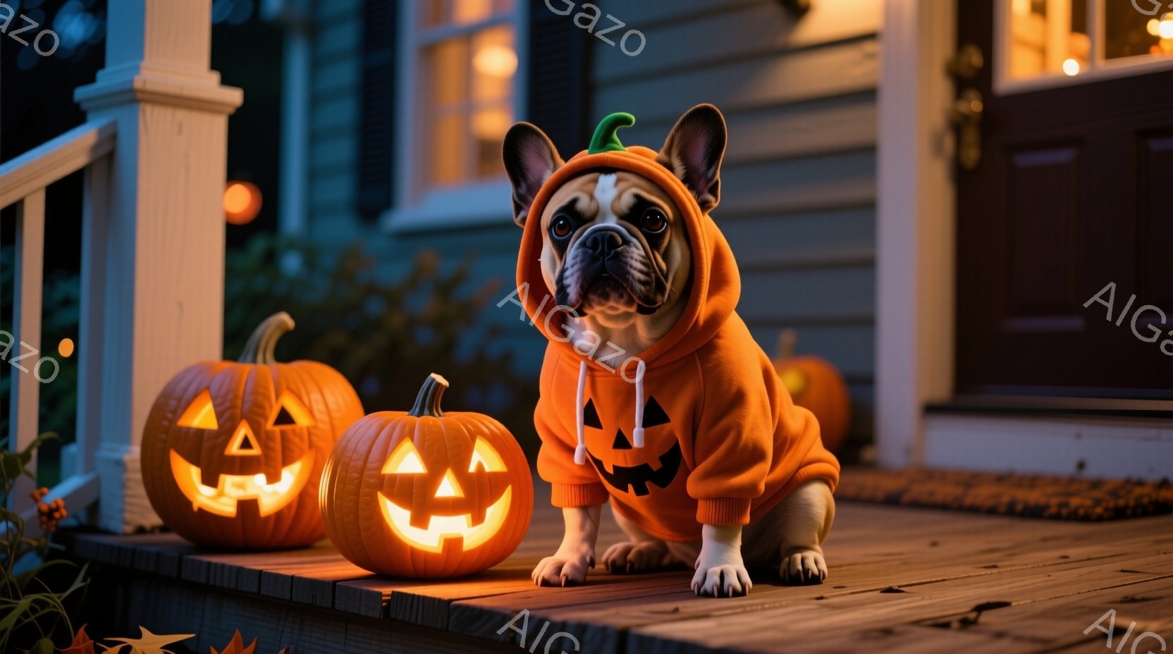小さなフレンチブルドッグが、ハロウィーンのランタンを模したオレンジ色の衣装を着て、彫刻されたカボチャの横に座っています。カボチャは点灯しており、暖かい光を放っています。背景には木製のデッキと、ぼんやり - AI生成フリー素材