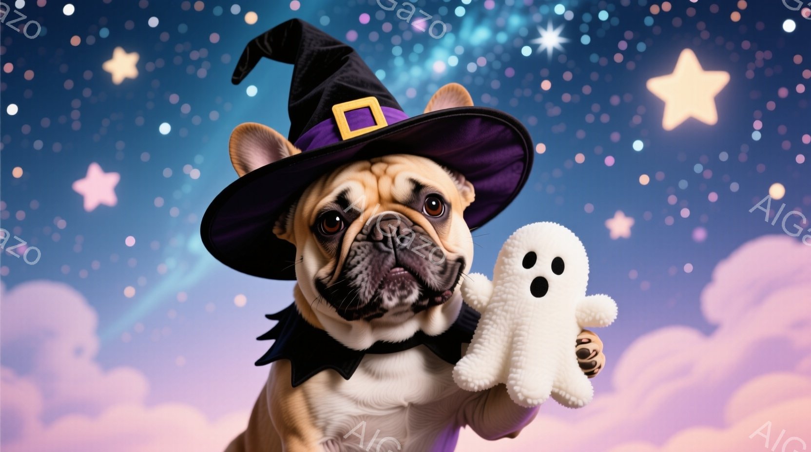 茶色のフレンチブルドッグが、ハロウィーン用の紫色の魔女帽子と襟付きのマントを身に着けています。愛らしい表情で、白いお化けのぬいぐるみを抱きしめています。背景には、パステルカラーの雲と星が散りばめられて - AI生成フリー素材
