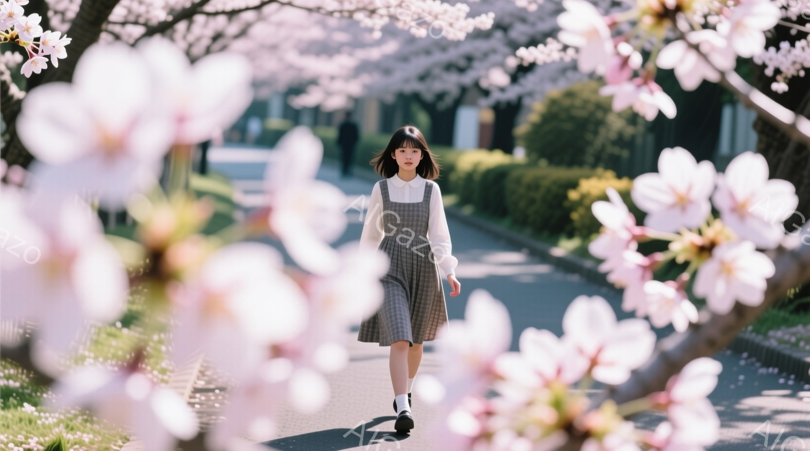 女性が春の街道を歩きながら、草地の中を歩く。服は白と黒で、髪は長く、単純な表情。背景には桜並木があり、清晰な空気と明るい日光が街道を照らしています。