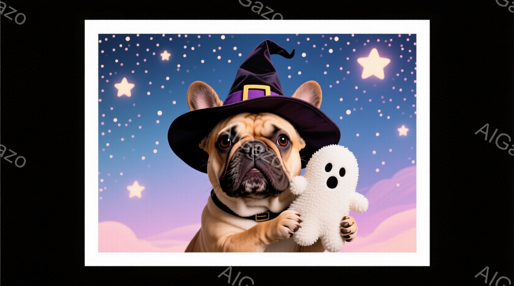 茶色のフレンチブルドッグが、黒い魔女帽子をかぶって正面を見つめています。左前足で白い幽霊のぬいぐるみを抱え、少しいたずらっぽい表情をしています。背景はパステルカラーの雲と星で満たされ、ハロウィーンのよ - AI生成フリー素材
