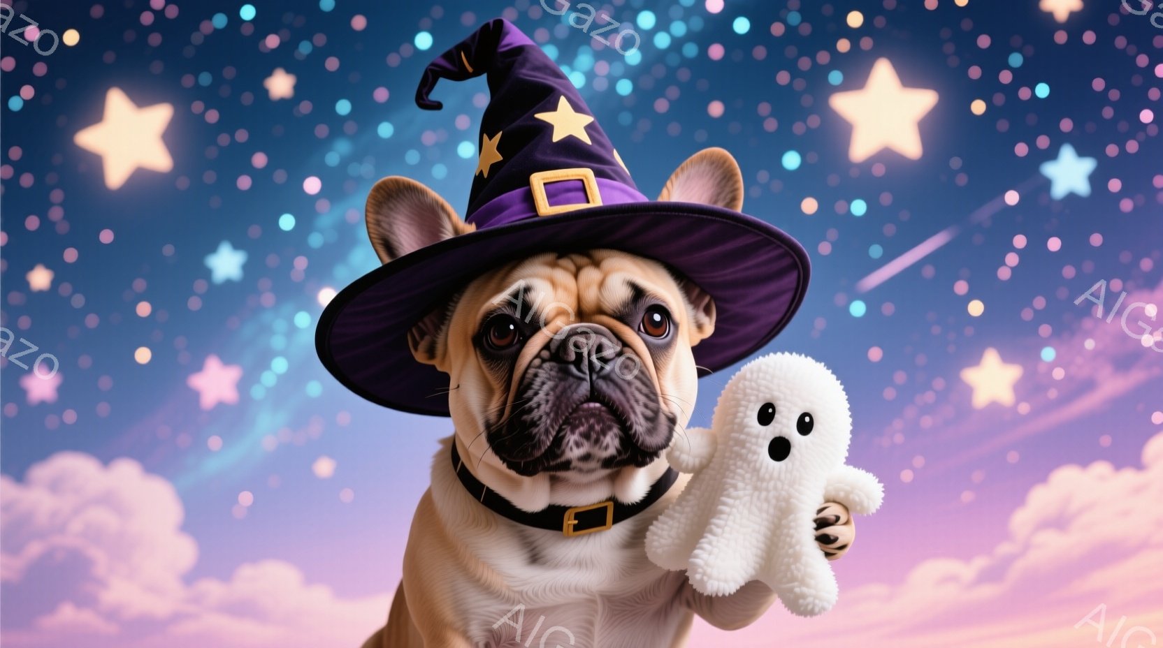 愛らしいフレンチブルドッグがハロウィーンの魔女帽子をかぶり、小さな白いお化けのぬいぐるみを抱えています。犬は正面を見つめ、穏やかで可愛らしい表情をしています。背景は、紫とピンクの雲と星が散りばめられた - AI生成フリー素材