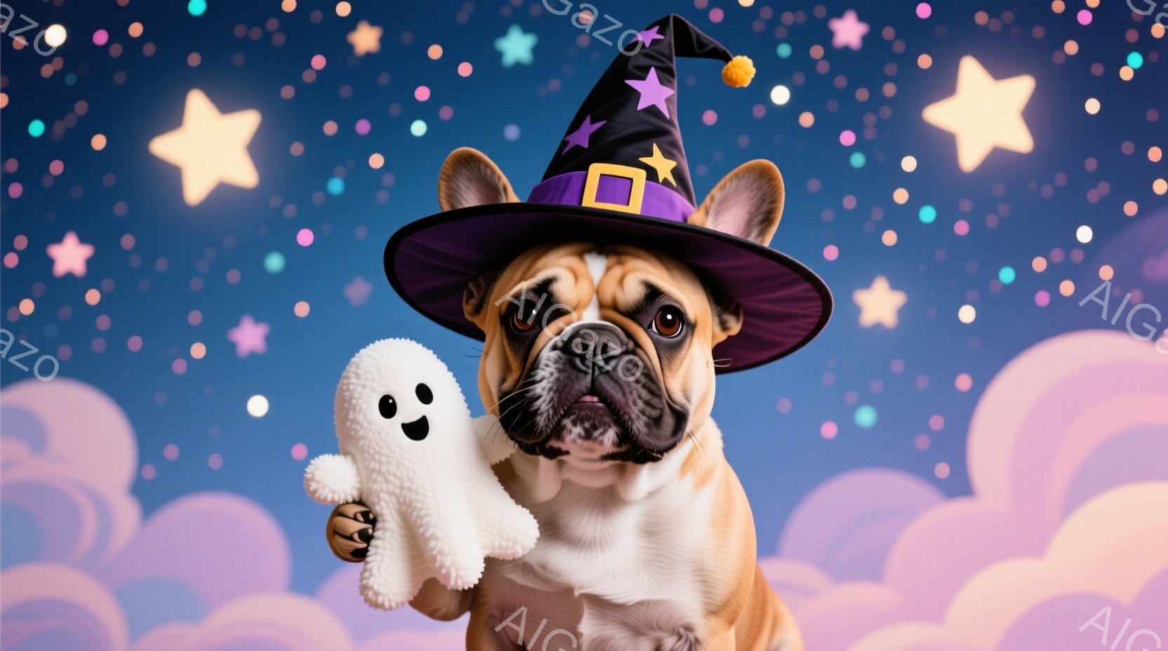 オレンジ色のフレブルが紫色の魔女帽子を被り、片手に白いお化けのぬいぐるみを抱えています。その表情は少し無表情で、カメラを見つめています。背景はパステルカラーの雲と星が散りばめられており、ハロウィーンら - AI生成フリー素材