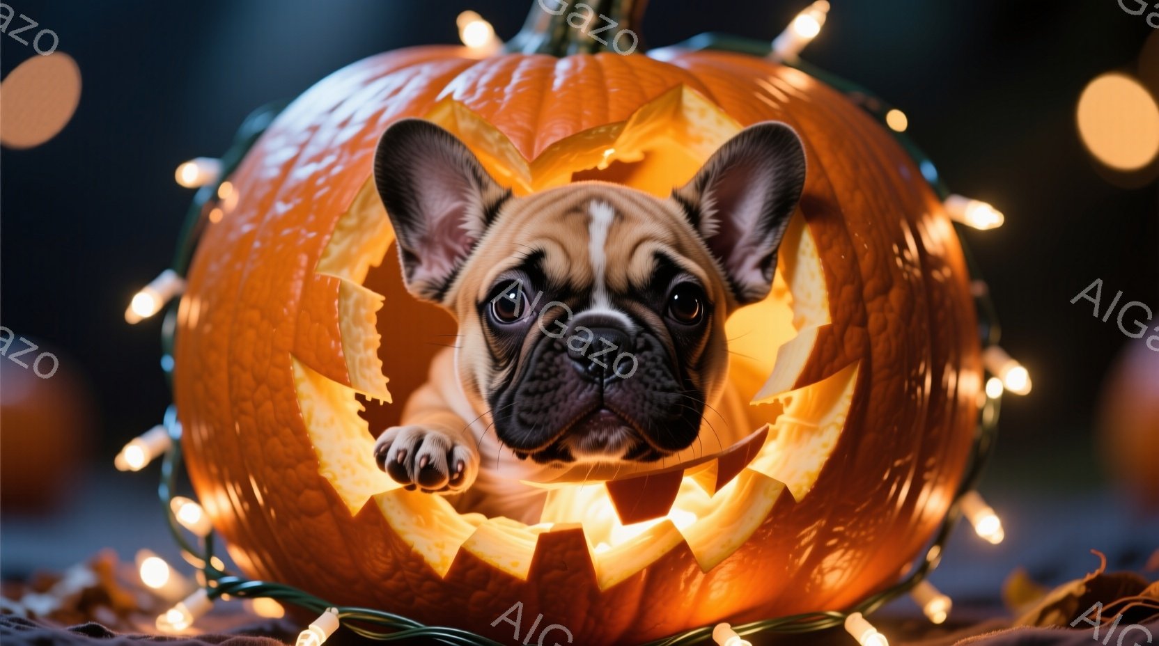 秋のイメージを持つハロウィンのプラスチックパンプキンとブサギョンのコラボレーションです。パンプキンの口から顔が見えるように編集されており、小さい白点のようなものが上部にあるのが背景として使われています。印象は可愛く、異想的で、伝統的なハロウィンのアイテムと新しい動物の結合という独特のものになっている。